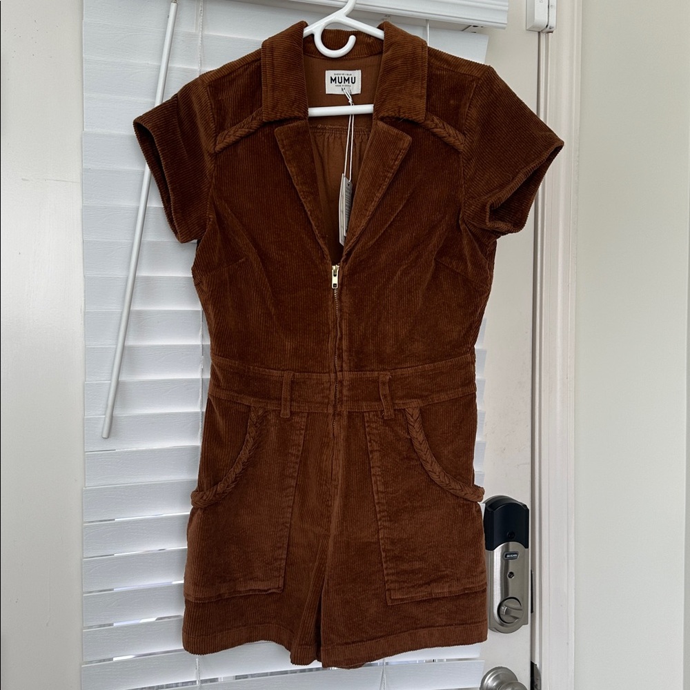 Show me your MuMu Chocolate Brown Corduroy short jumpsuit. Size M.